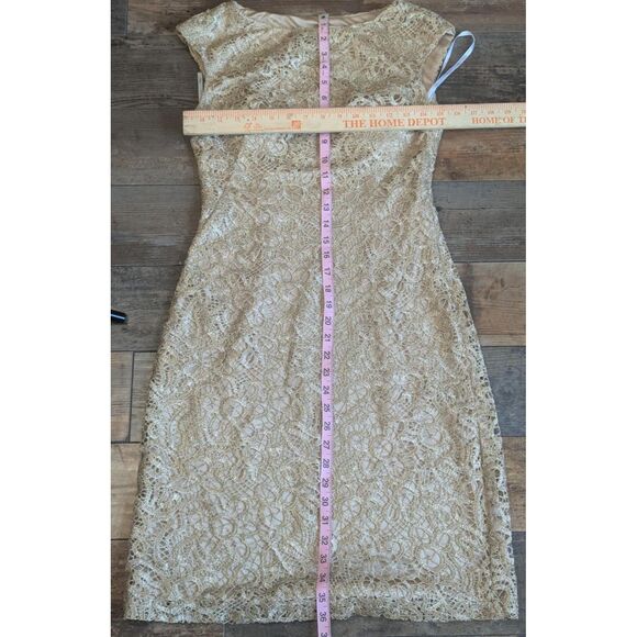 Sue Wong Nocturne Gold Metallic Lace Sheath Dress 4 Sleeveless Cocktail - Picture 5 of 6